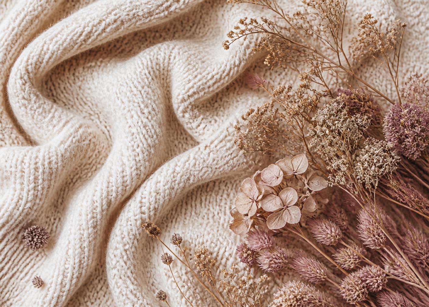 Cream knitted blanket with dried mauve flowers