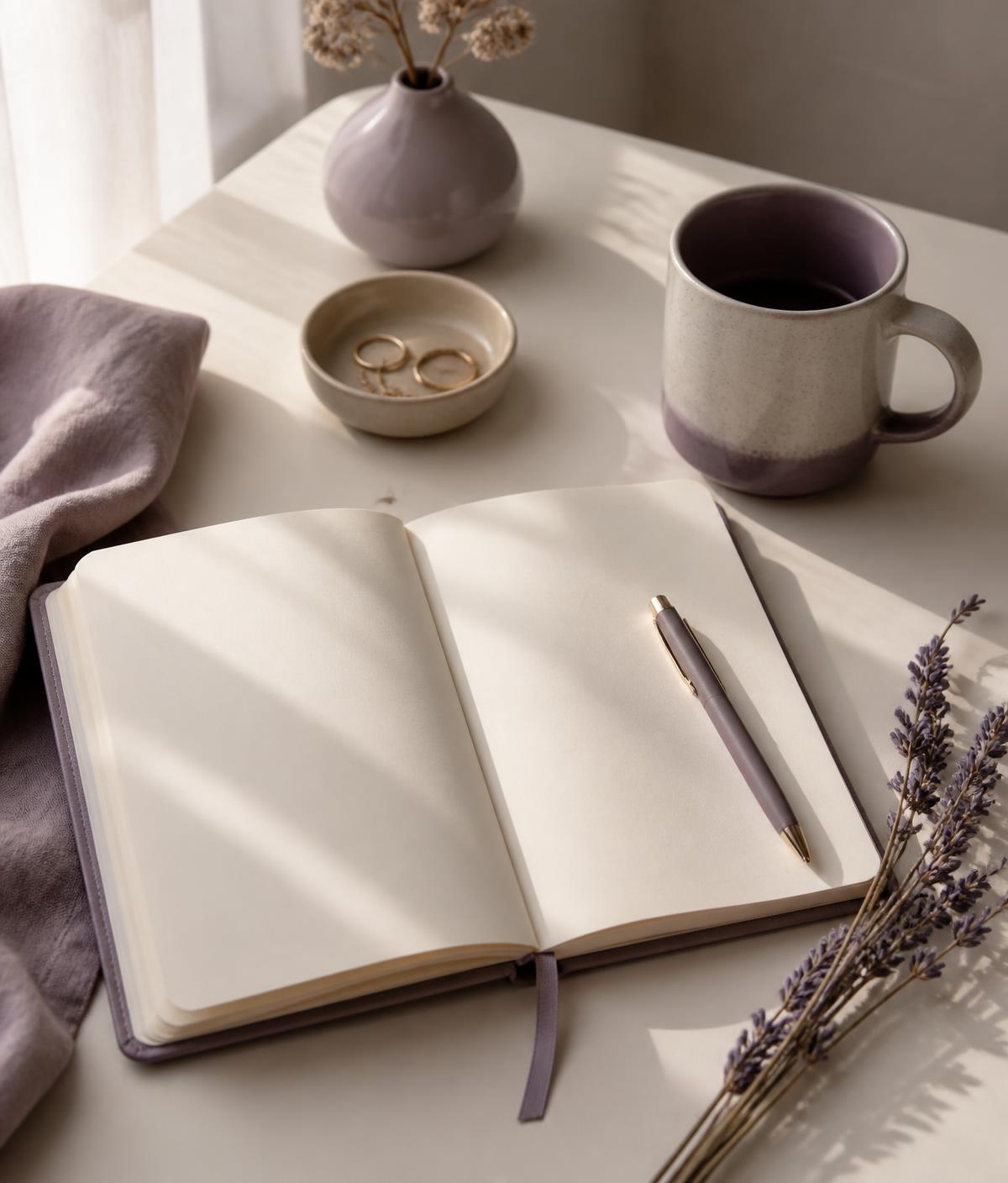 An open blank planner, pen and dried lavender in soft daylight